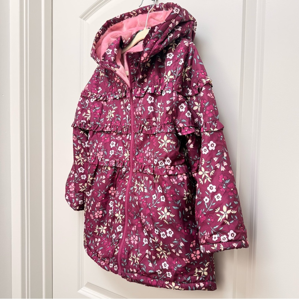 Penelope Mack Girls Floral Purple Pink Hooded Coat with Ruffles - Picture 5 of 10
